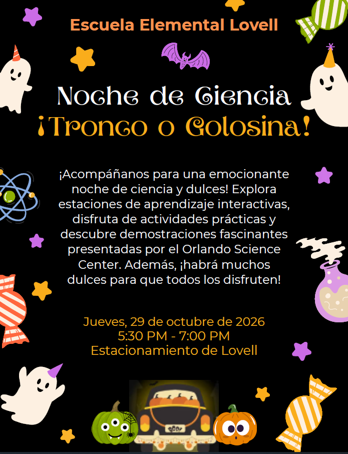 A black Halloween-themed flyer for Escuela Elemental Lovell invites families to a science night and trunk-or-treat event on October 29, 2026.
