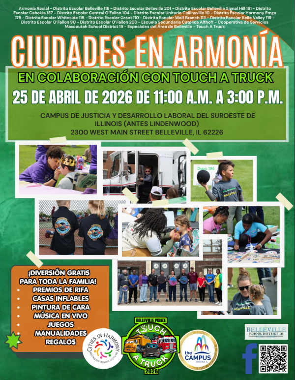 Poster for 'Ciudades en Armonía' event in collaboration with 'Touch A Truck' on April 25, 2026, at the Campus de Justicia y Desarrollo Laboral.