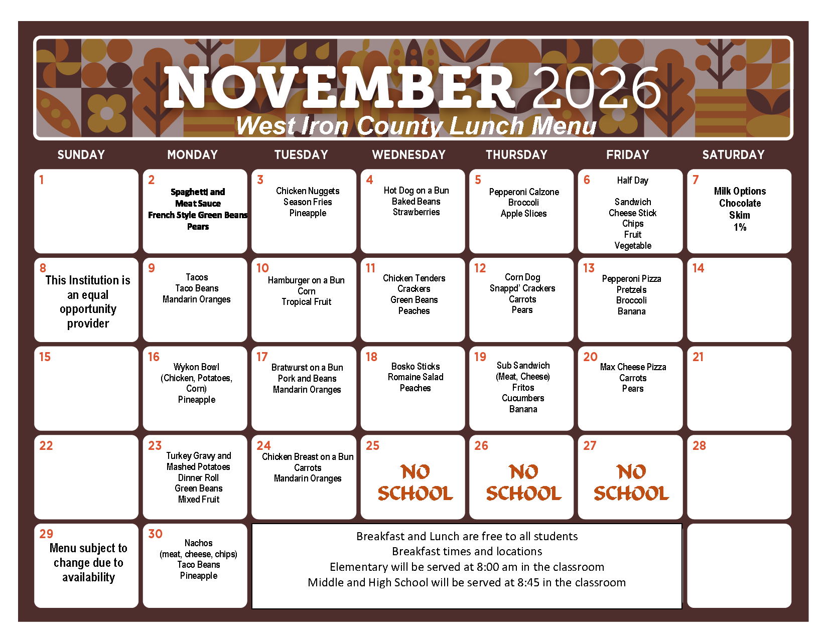 November Lunch Menu