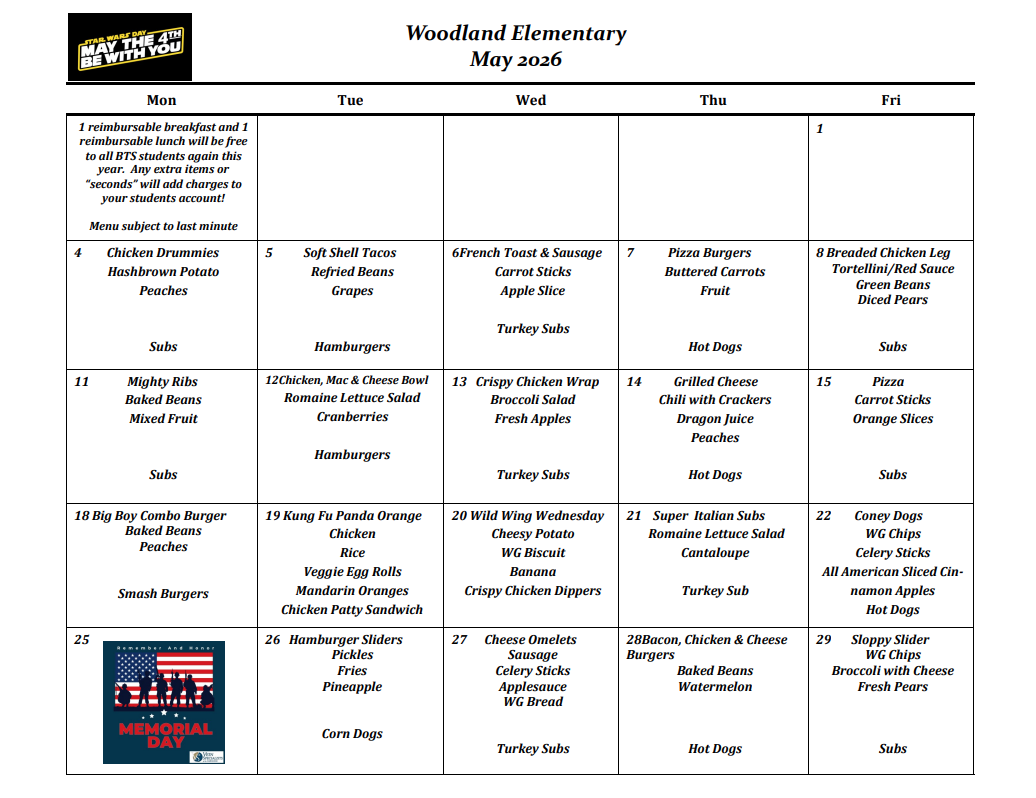 Updated May Lunch Menu