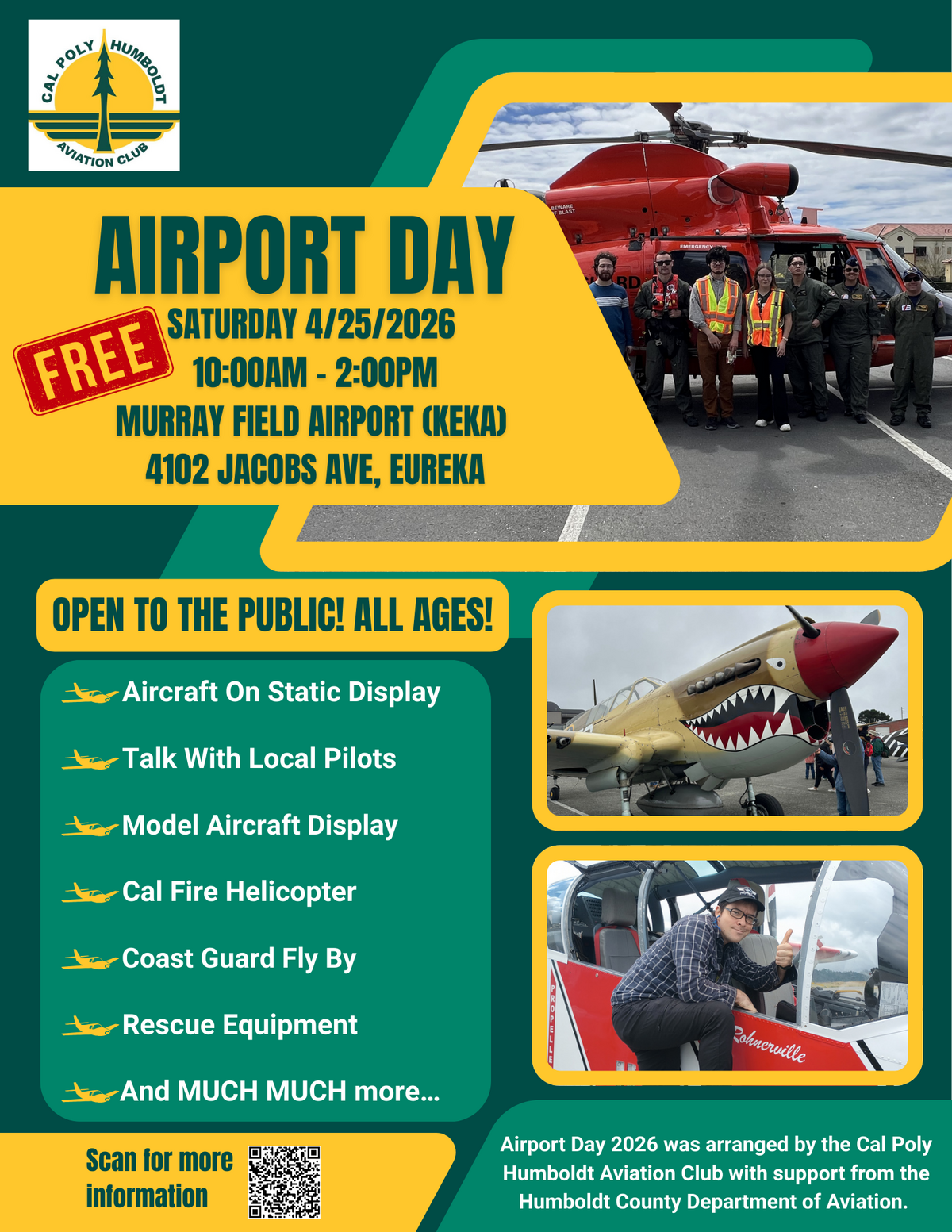 Poster for Airport Day on Saturday, April 25, 2026, from 10 AM to 2 PM at Murray Field Airport, Eureka.