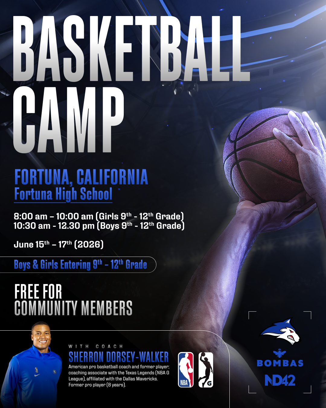 Basketball camp flyer for Fortuna, California, featuring dates, times, and age groups.