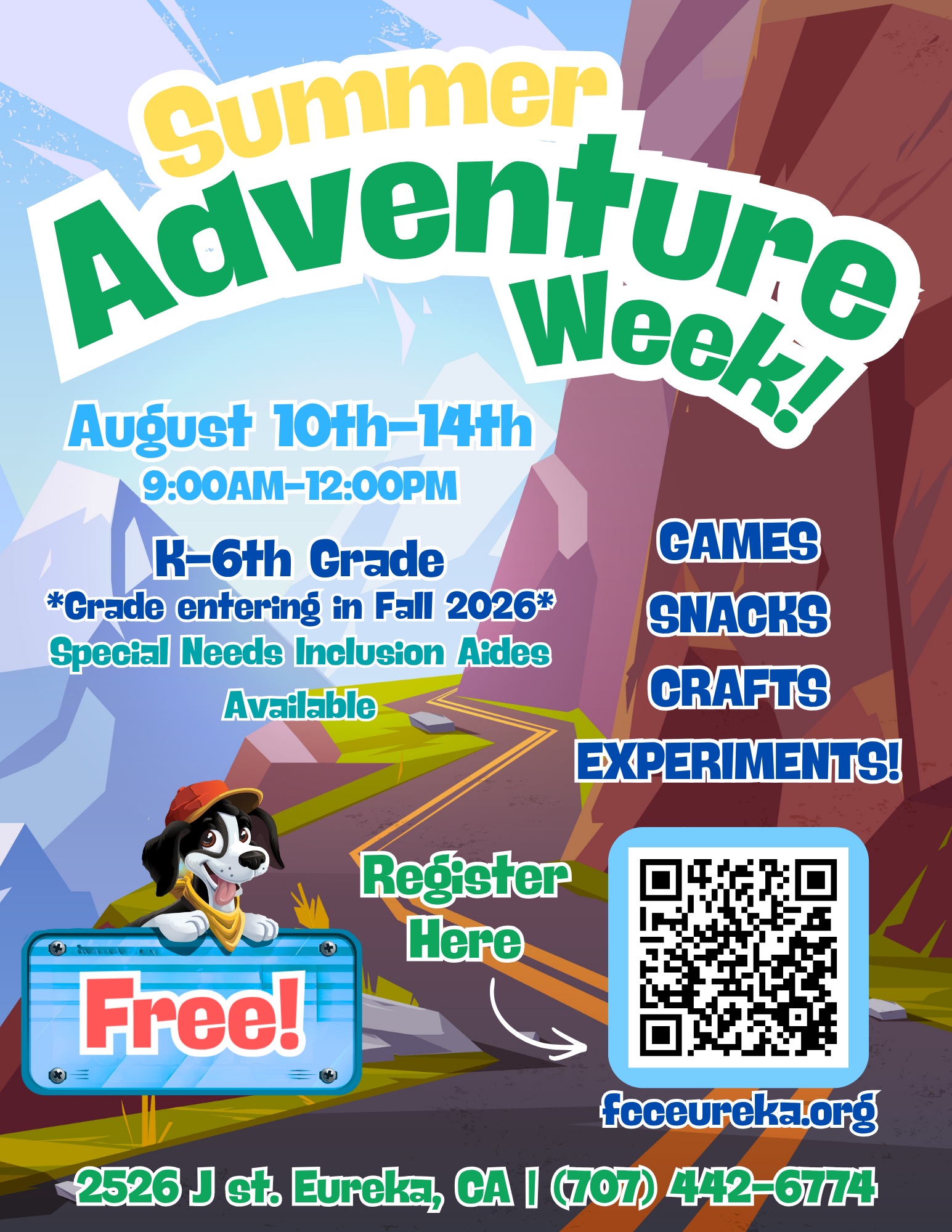 Poster for "Summer Adventure Week" featuring a cartoon dog and event details.