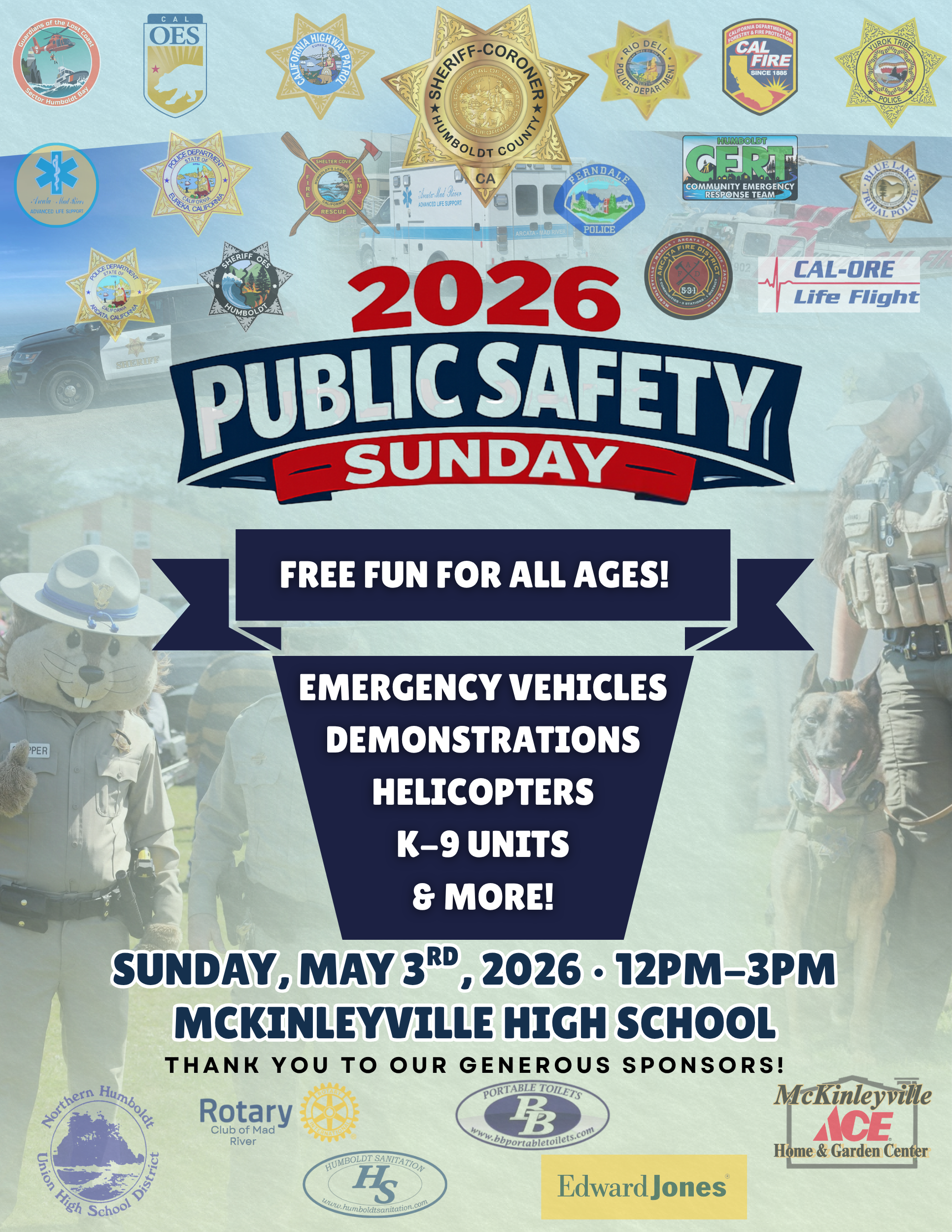 Poster for '2026 Public Safety Sunday' event featuring emergency vehicles, helicopters, and K-9 units, with 'Free Fun For All Ages!'