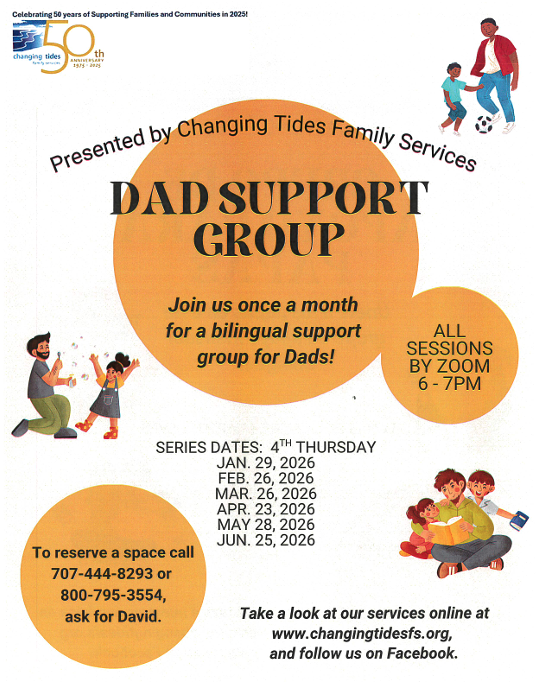 Poster for a Dad Support Group hosted by Changing Tides Family Services, featuring illustrations of families and event details.