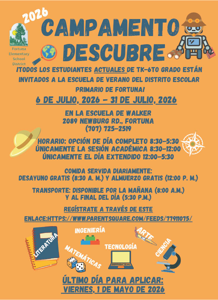 Poster for "Campamento Descubre" summer program for TK-6th graders at Fortuna Elementary School, July 6-31, 2026.