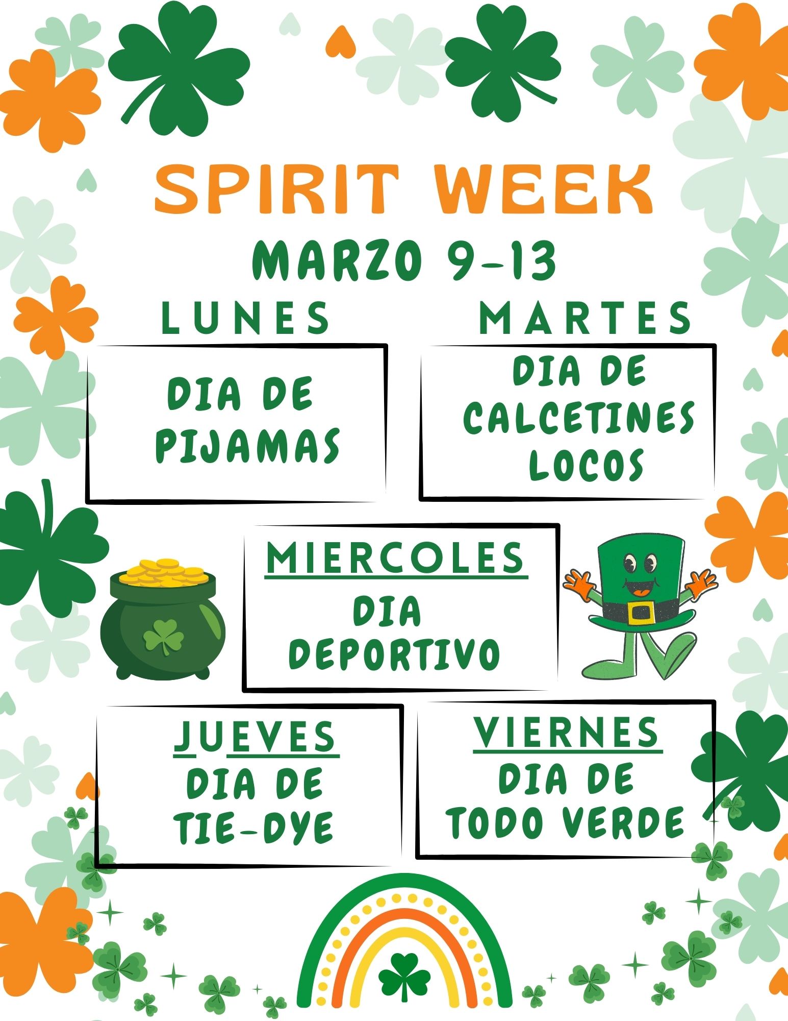 Spirit Week schedule for March 9-13, featuring daily themes like Pajama Day and Tie-Dye Day.