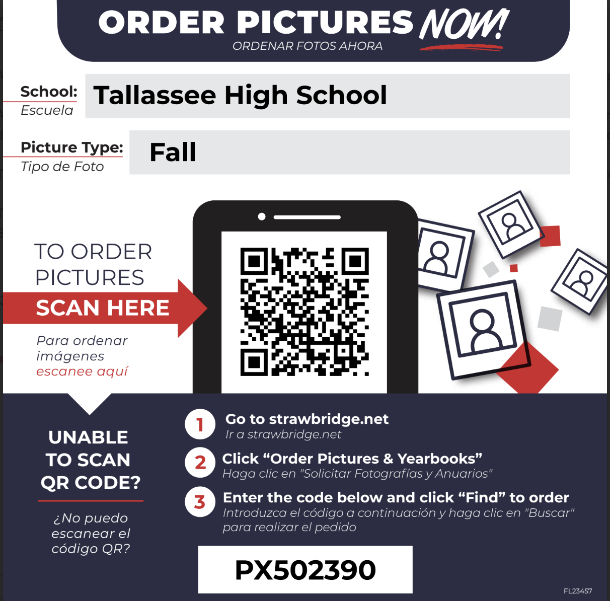 Instructions to order Fall pictures for Tallassee High School using a QR code or website.