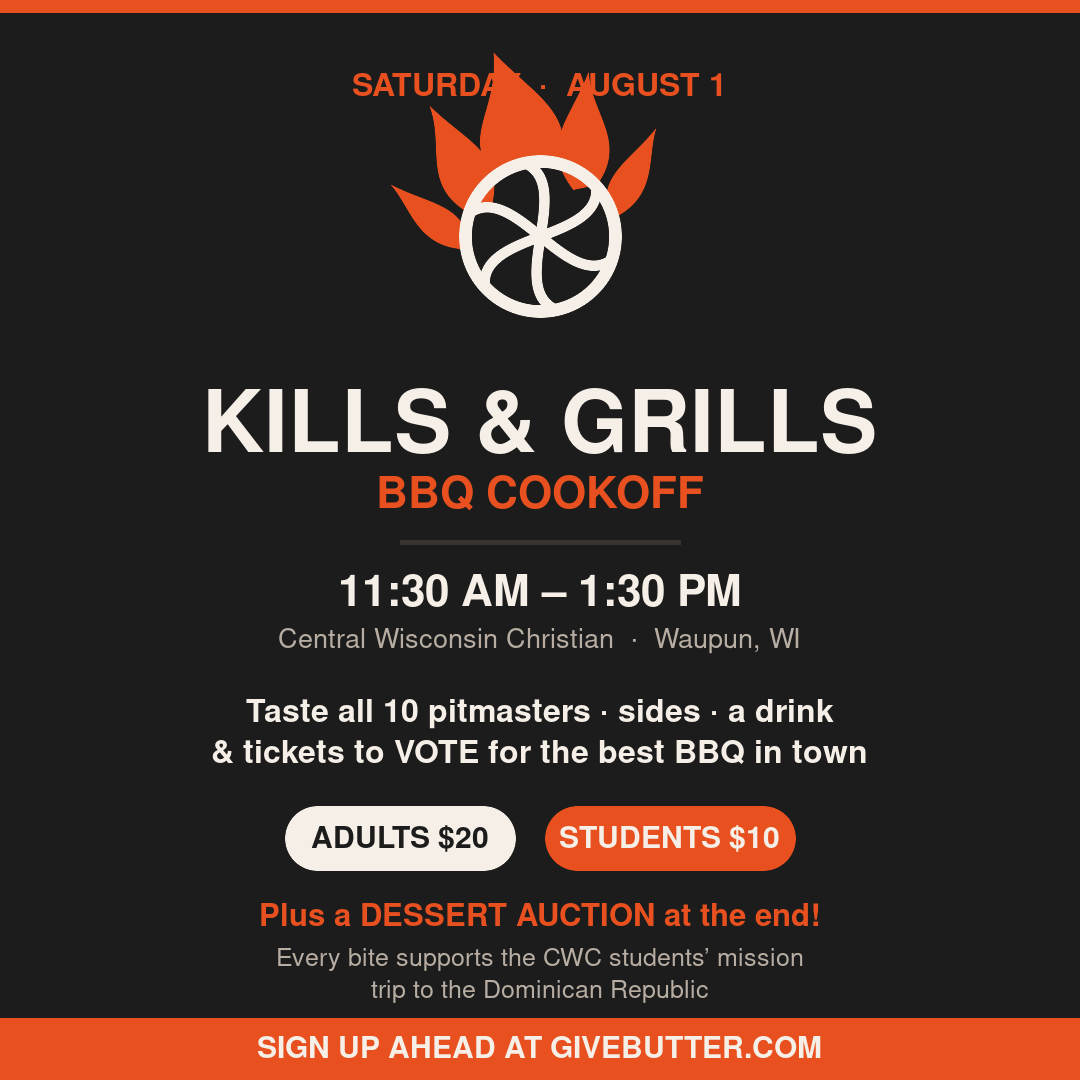 Event poster for 'Kills & Grills BBQ Cookoff' on Saturday, August 1, from 11:30 AM to 1:30 PM.