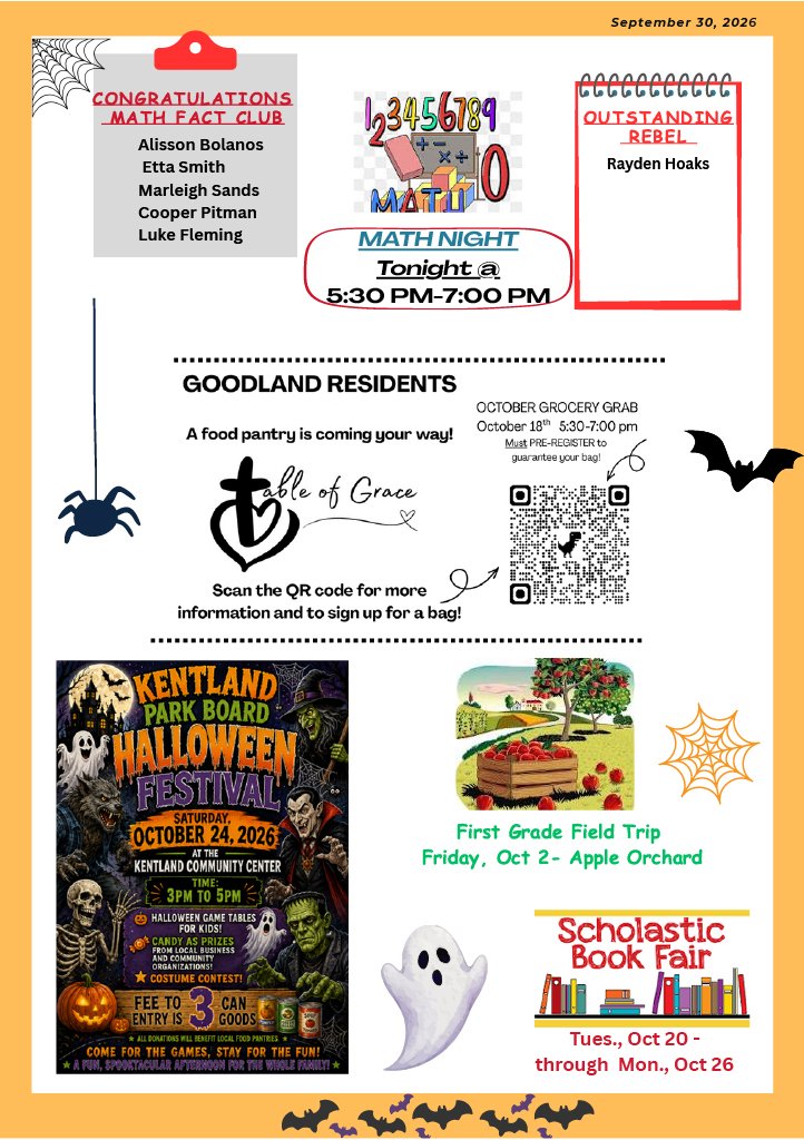 A digital newsletter flyer displays school and community events, including Math Fact Club, a food pantry, an apple orchard trip, and a Halloween festival.
