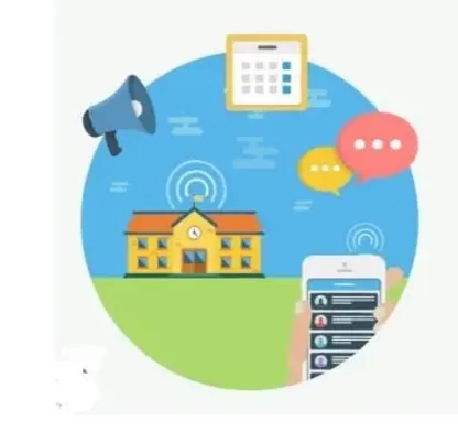Illustration of a school building with communication icons: megaphone, calendar, speech bubbles, and a smartphone.