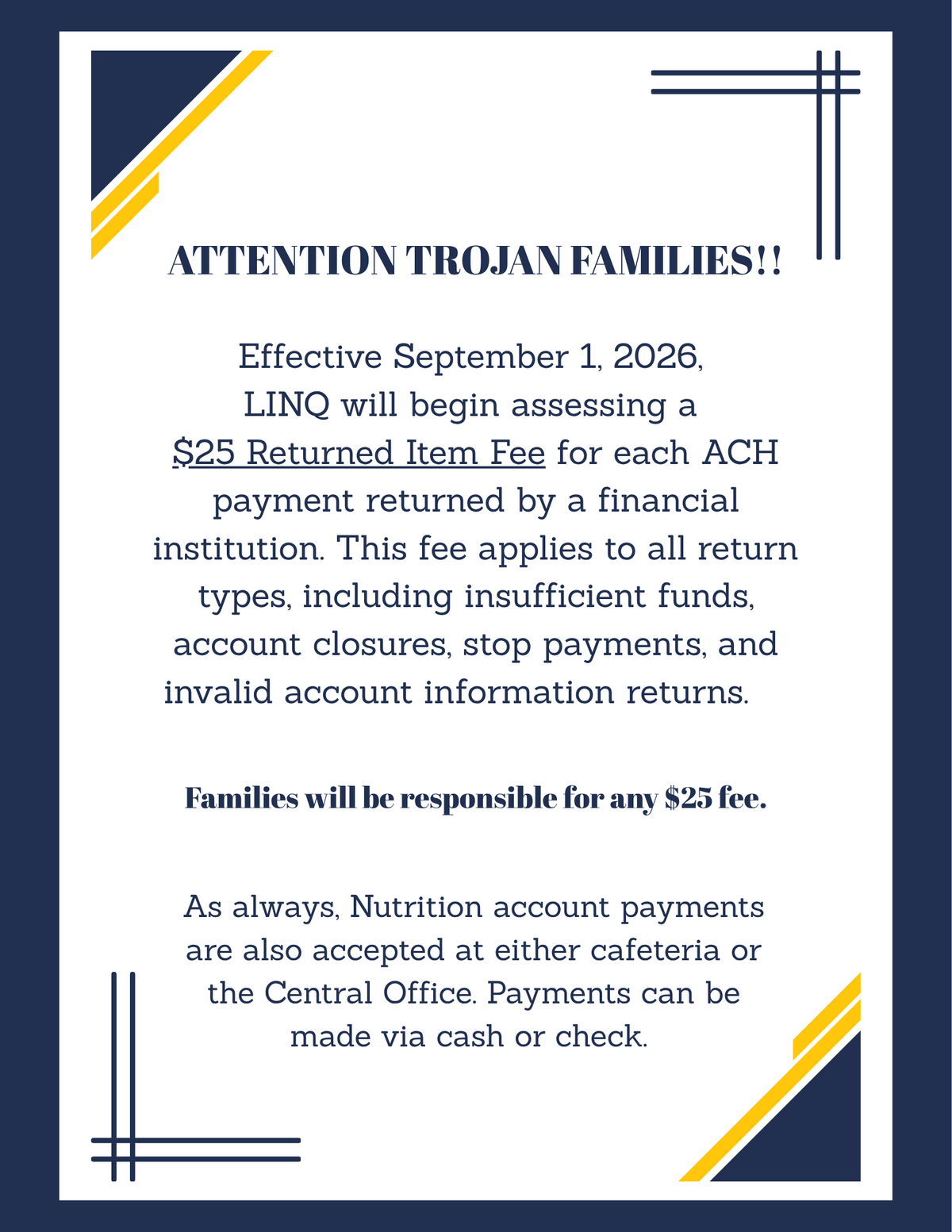 IMPORTANT NUTRITION DEPT INFORMATION