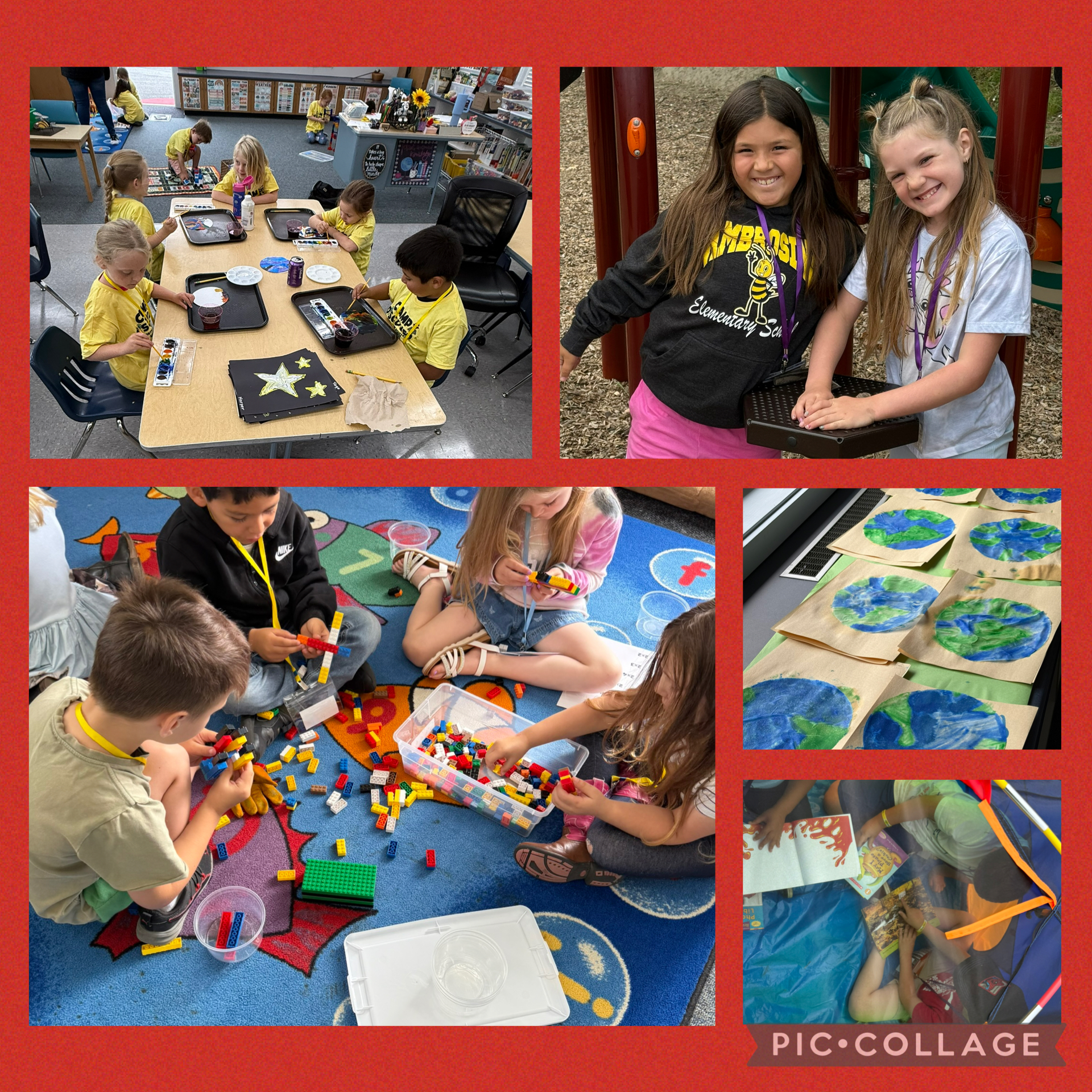 Children in yellow shirts paint stars on black paper at tables in a classroom.