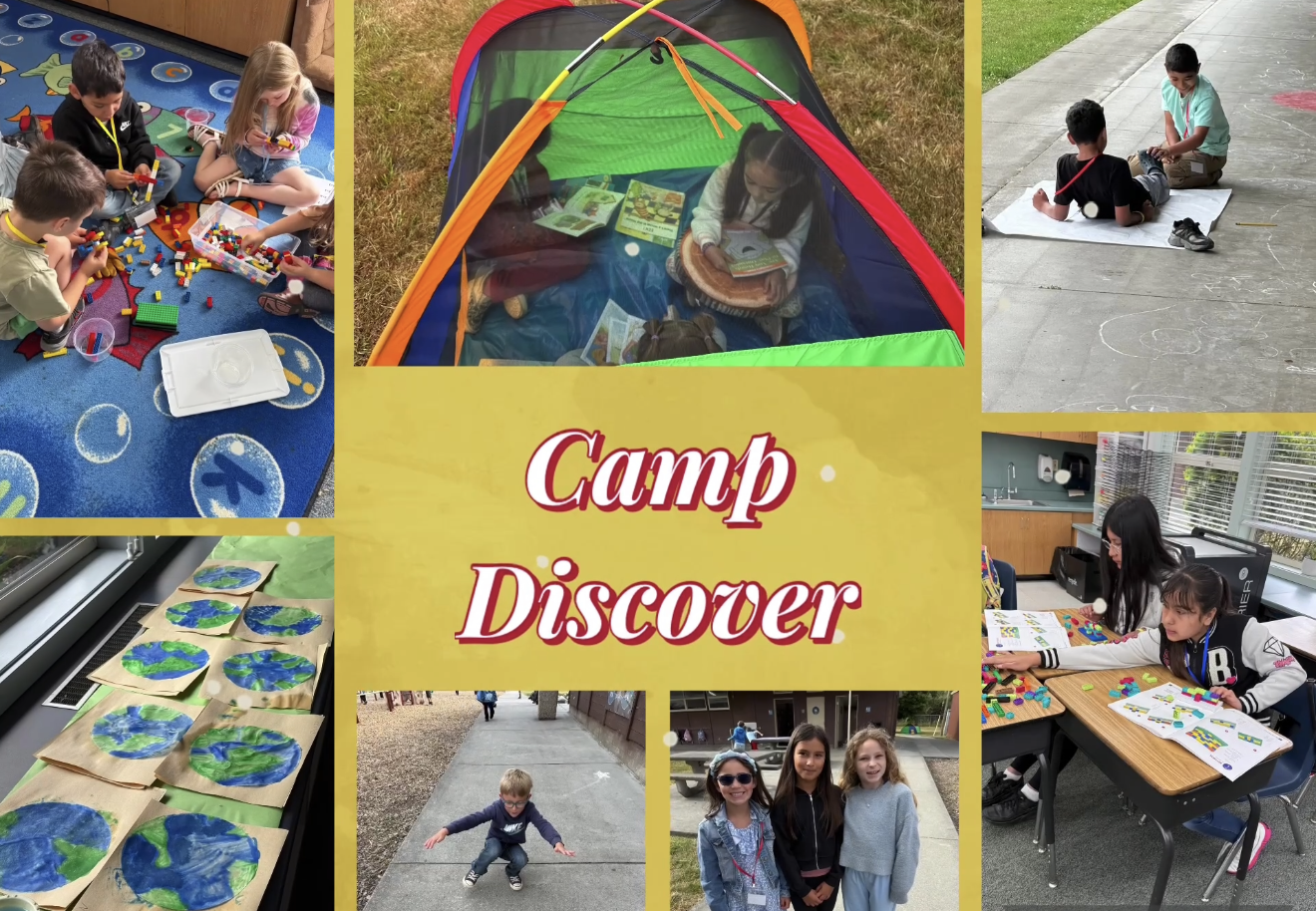 Children engage in various activities at Camp Discover, including building with blocks and reading in a tent.