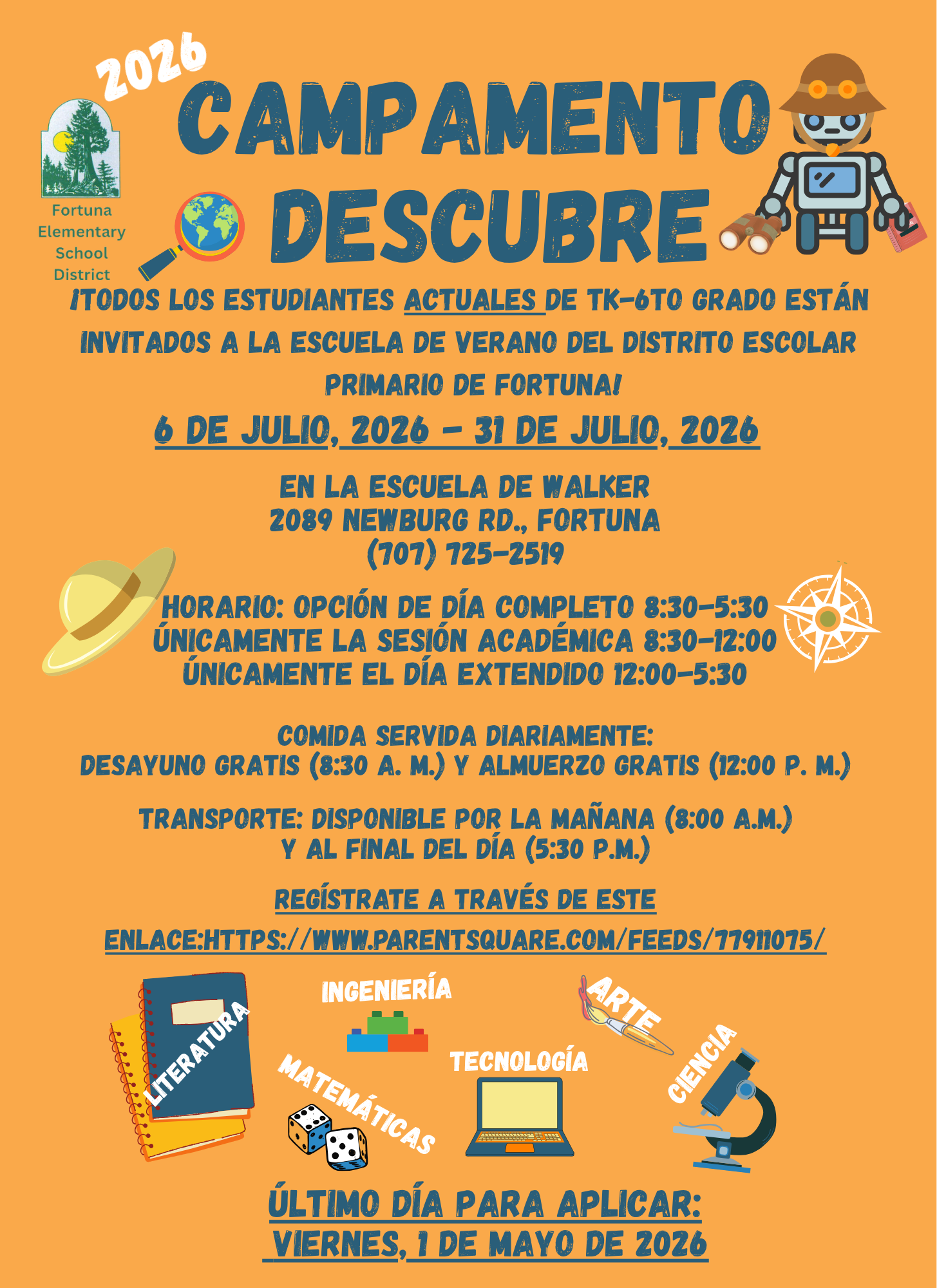 Poster for "Campamento Descubre" summer program at Fortuna Elementary School, July 6-31, 2026.