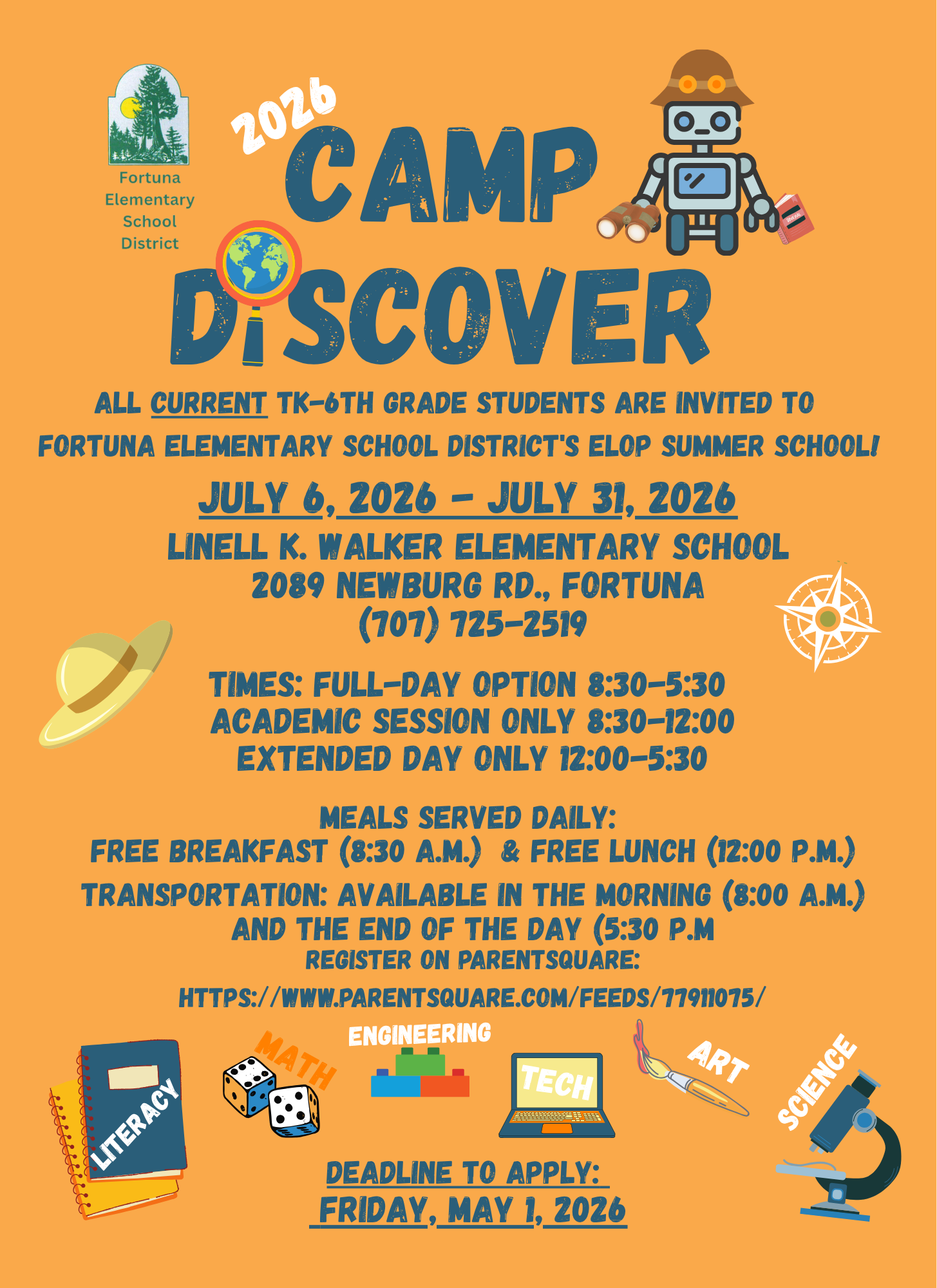 Poster for Fortuna Elementary School District's 2026 Camp Discover summer school for TK-6th graders.