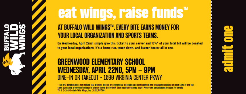 Buffalo Wild Wings flyer promoting a fundraiser for Greenwood Elementary School on April 22nd.