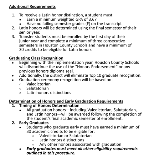 Document outlining requirements for Latin honors, graduating class recognition, and early graduation.