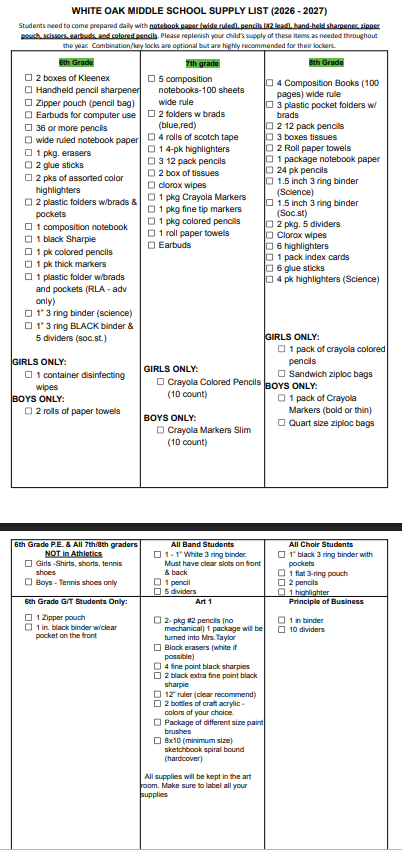 2026-2027 School Supply List