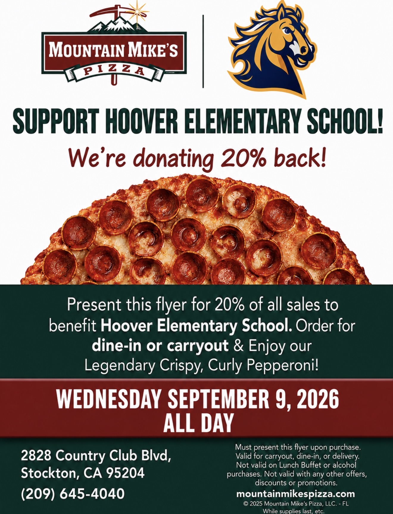  Mountain Mike’s Pizza is partnering with us for a school fundraiser on Wednesday, September 9th!