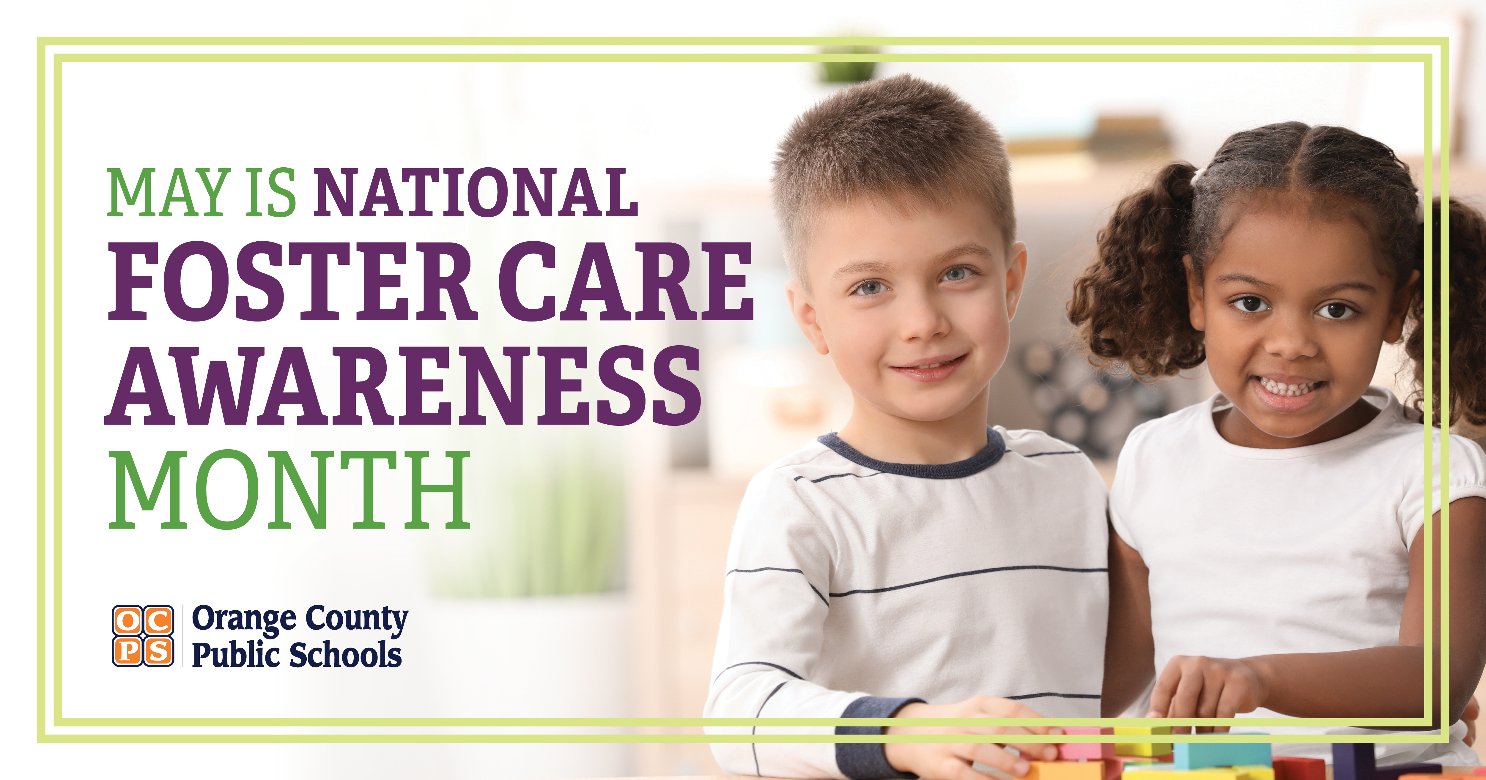 Two smiling children are featured in an image promoting Foster Care Awareness Month.