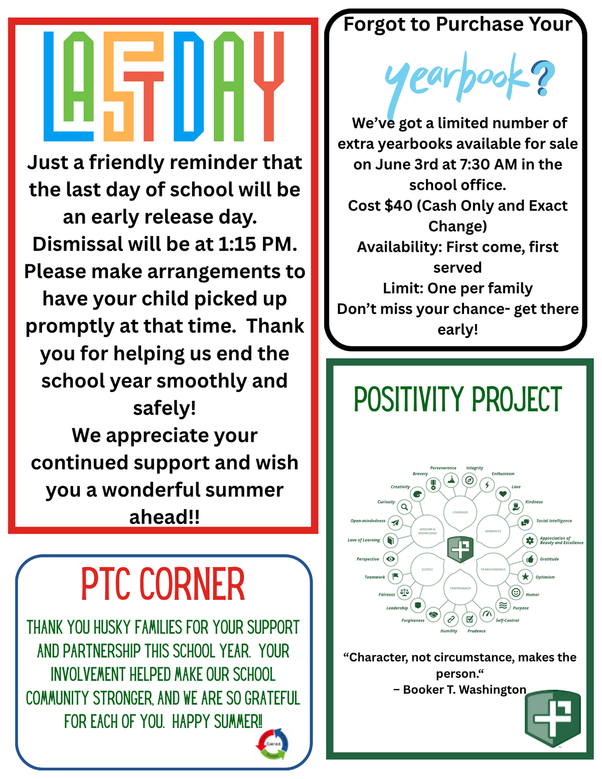 A colorful 'LAST DAY' graphic announces an early release day with dismissal at 1:15 PM.