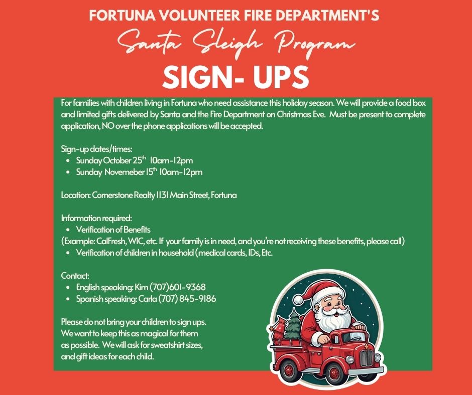 A flyer for the Fortuna Volunteer Fire Department's Santa Sleigh Program sign-ups, featuring holiday details, dates, and contact information.