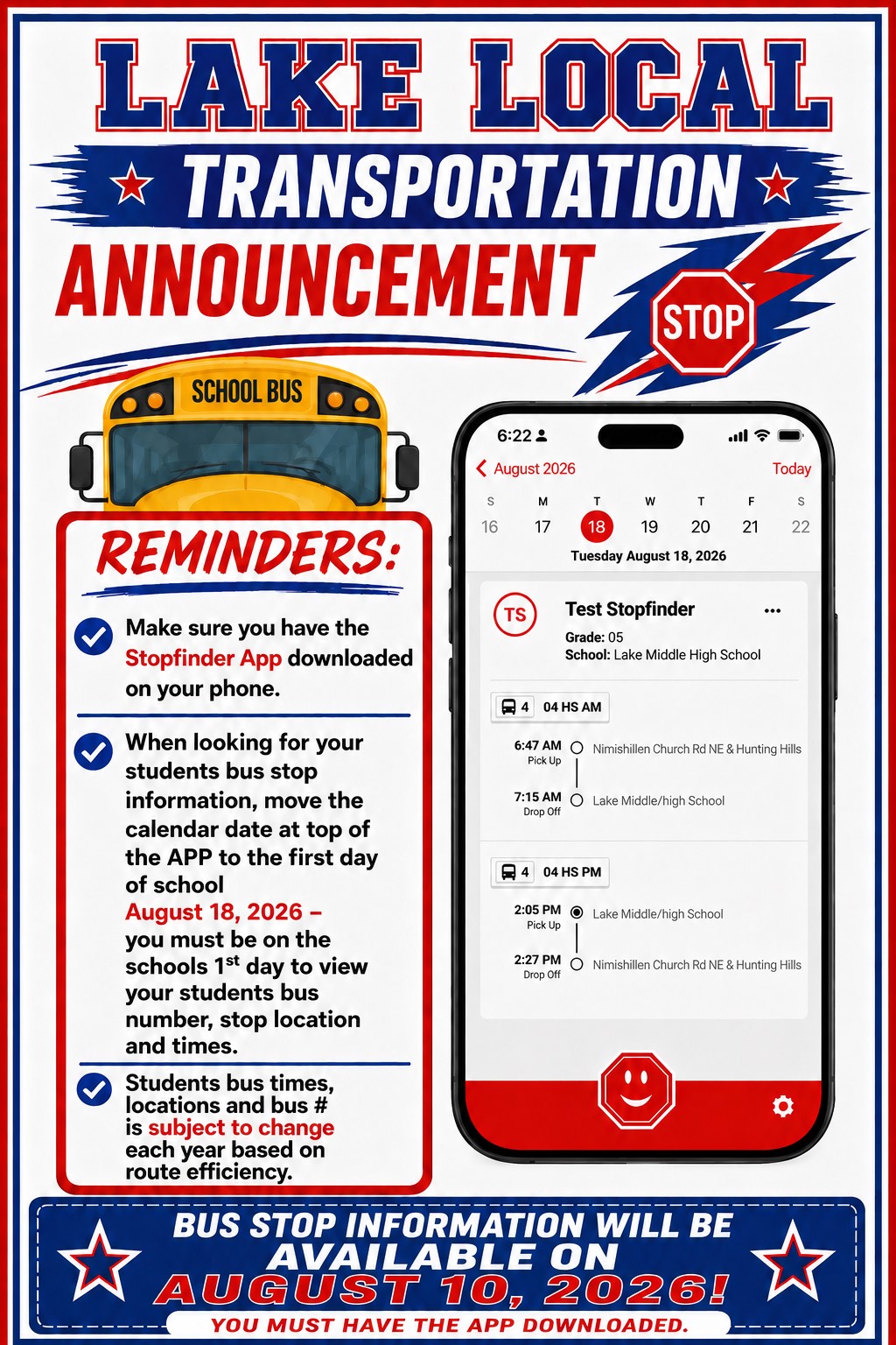 Lake Local Transportation Announcement with reminders about the Stopfinder App and bus stop information availability on August 10, 2026.