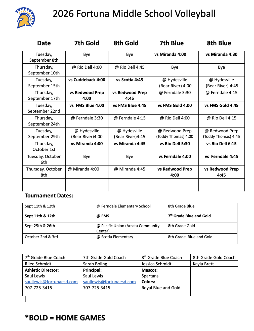 A schedule document for the 2026 Fortuna Middle School Volleyball season, detailing dates, game matchups, tournament dates, and coaching staff.