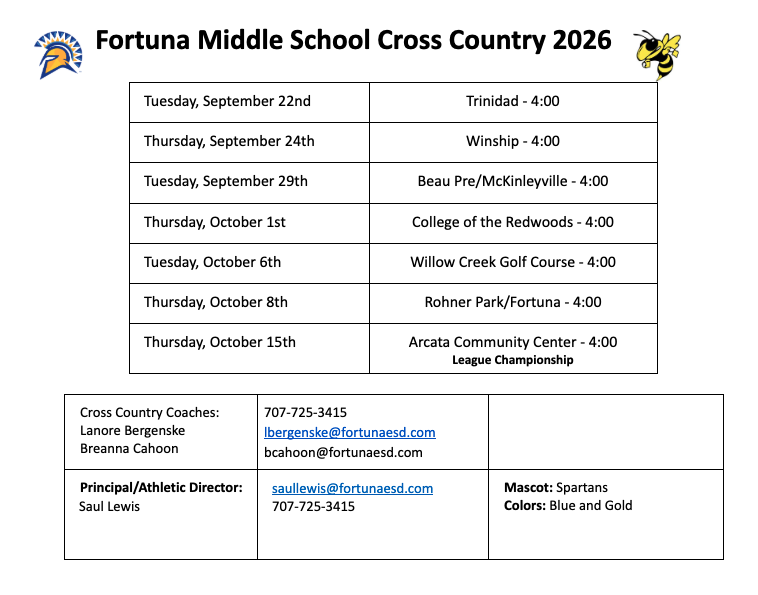 A schedule for the Fortuna Middle School Cross Country team for 2026, featuring dates, locations, and coach contact details.
