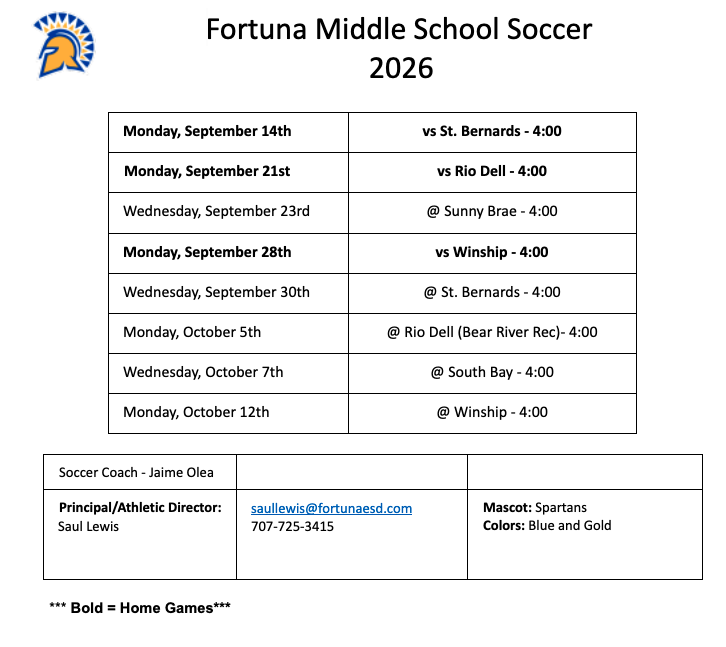 The Fortuna Middle School Soccer 2026 schedule lists game dates, times, and opponents in a table format.
