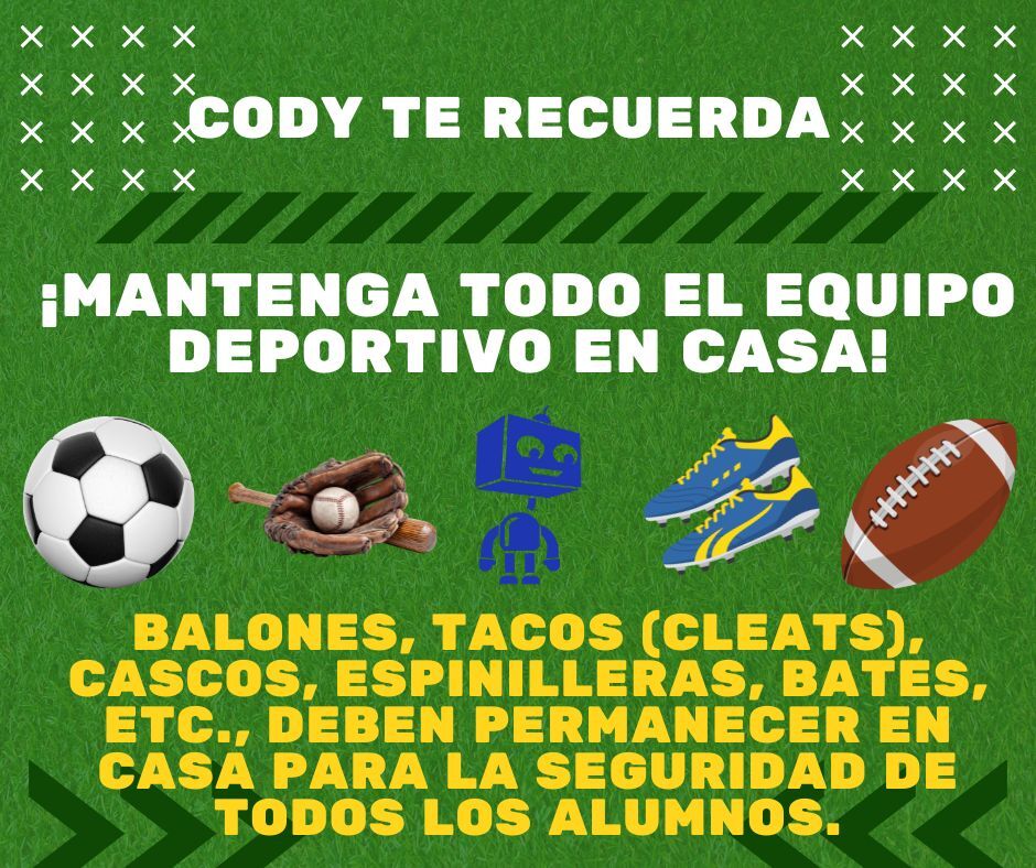 A graphic with sports equipment including a soccer ball, baseball glove, cleats, and football, with Spanish text about keeping sports gear at home.