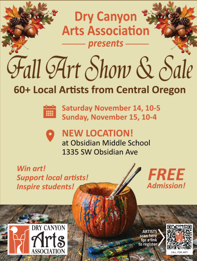 A promotional flyer for the Dry Canyon Arts Association Fall Art Show & Sale, featuring autumn leaves, event details, and a painted pumpkin holding paintbrushes.