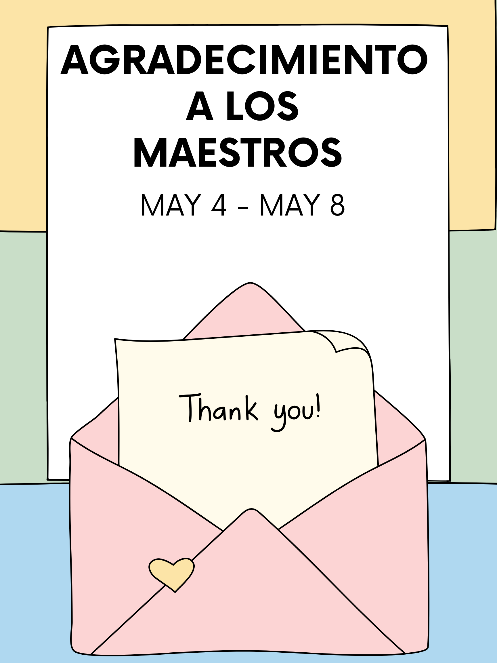A pink envelope with a yellow heart is open, revealing a note that says 'Thank you!'.