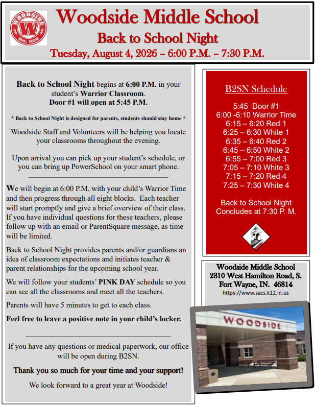 Reminder: Woodside's Back to School Night is TONIGHT - August 4th - 6:00-7:30pm