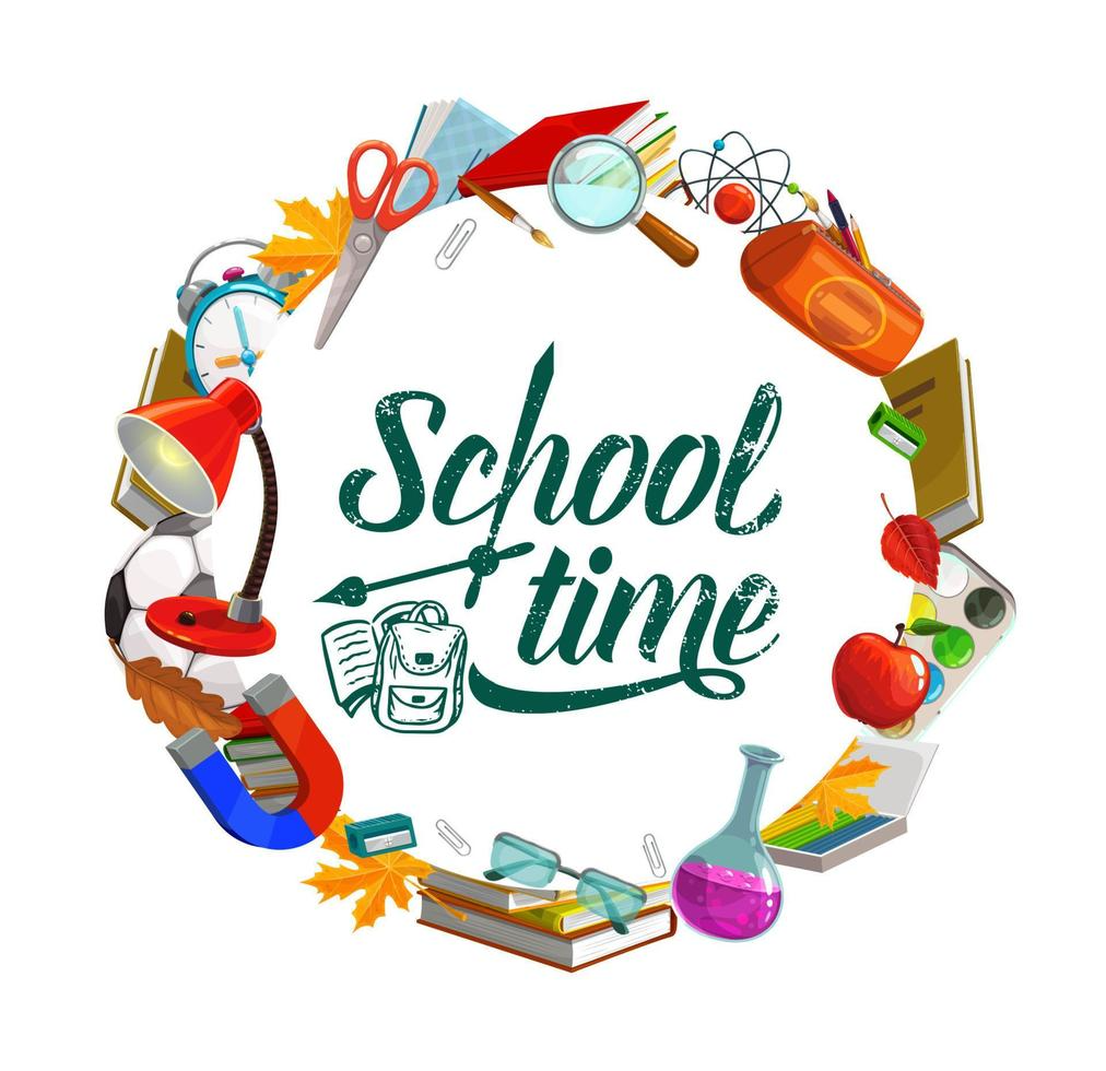 A circular arrangement of school supplies surrounds the text 'School time'.