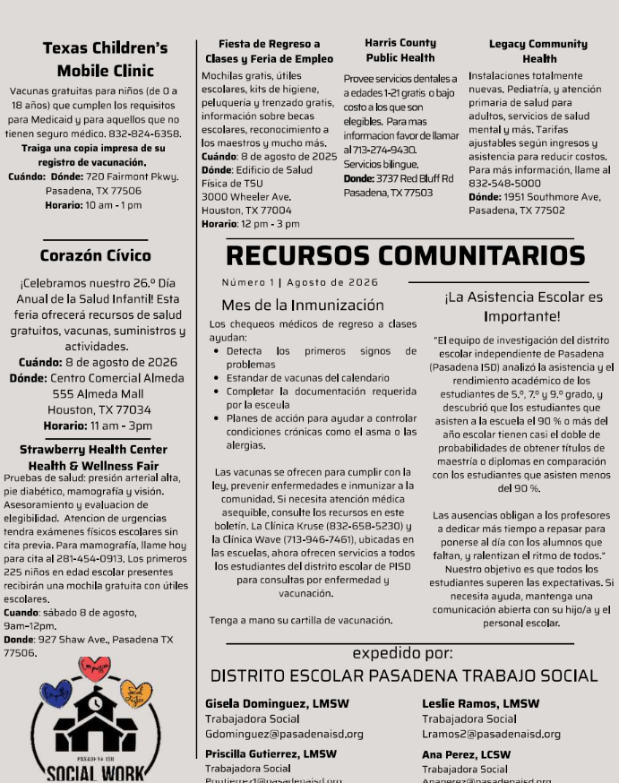 A flyer listing community resources for health and education in Pasadena, Texas.