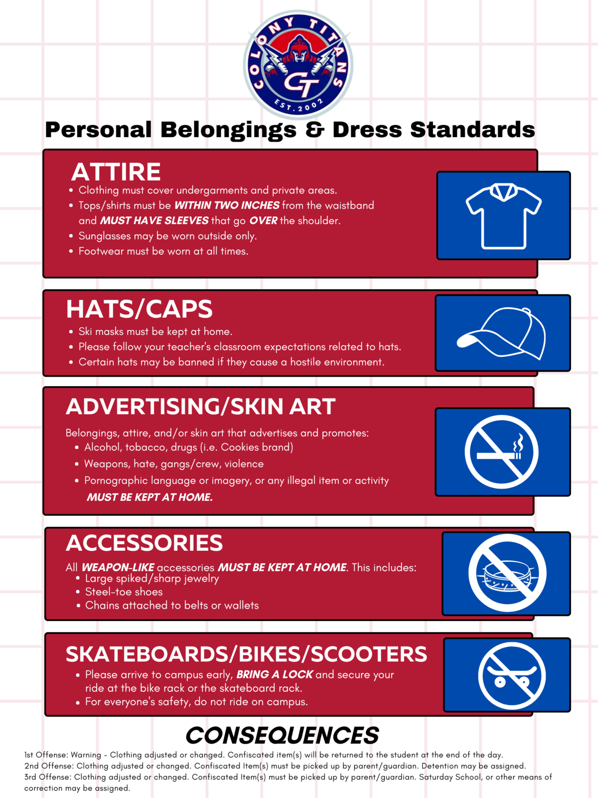 A document outlining personal belongings and dress standards for Colony Titans, featuring rules on attire, hats, advertising, accessories, and skateboards.
