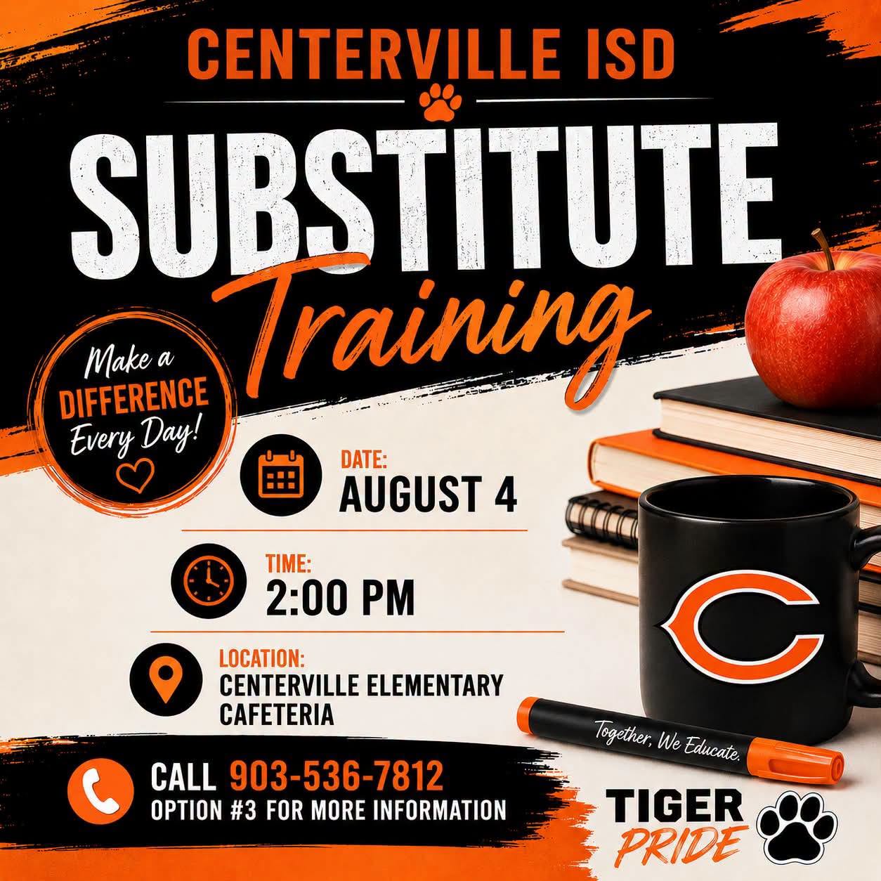 Substitute Training, August 4 @ 2 p.m. Elem Cafe