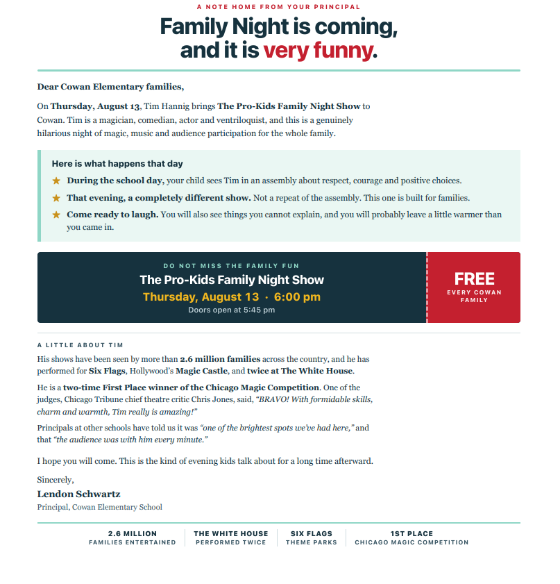 A flyer announces "Family Night is coming, and it is very funny" featuring Tim Hannig's Pro-Kids Family Night Show.