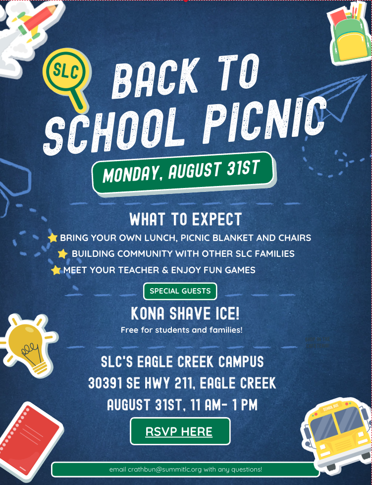 DATE CORRECTION:  Back to School Picnic on Monday, August 31st.  Sign up today!