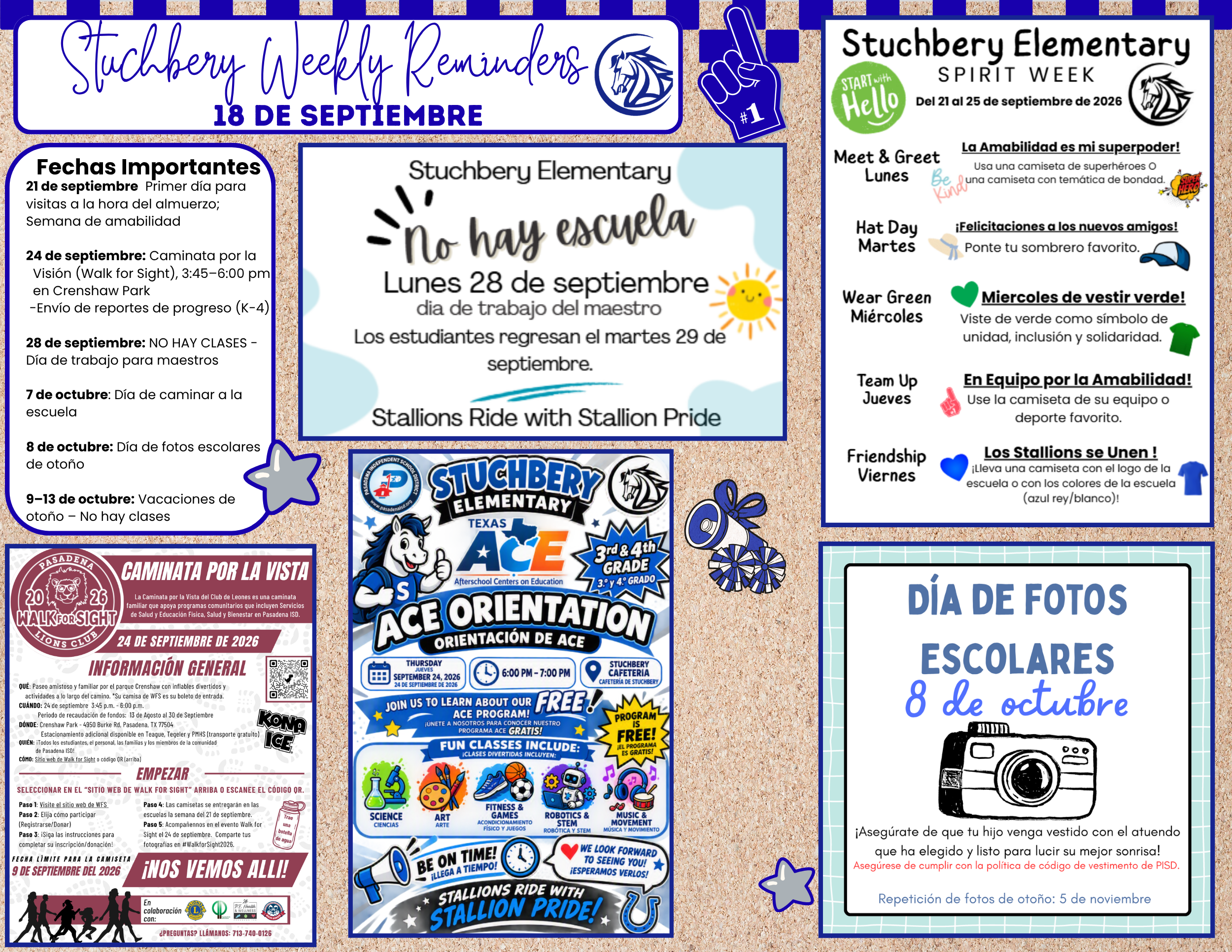 A flyer titled 'Stuchbery Weekly Reminders' in Spanish, featuring important school dates and announcements.