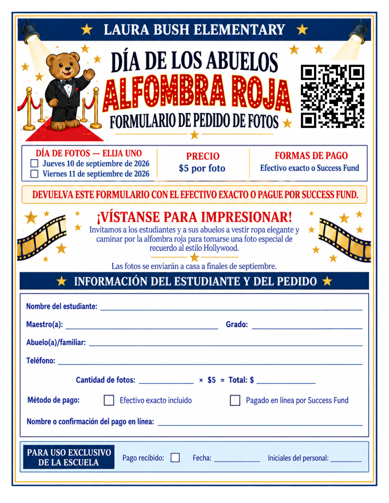 A colorful Spanish flyer for Laura Bush Elementary's Grandparents' Red Carpet photo order form, featuring a teddy bear in a tuxedo.