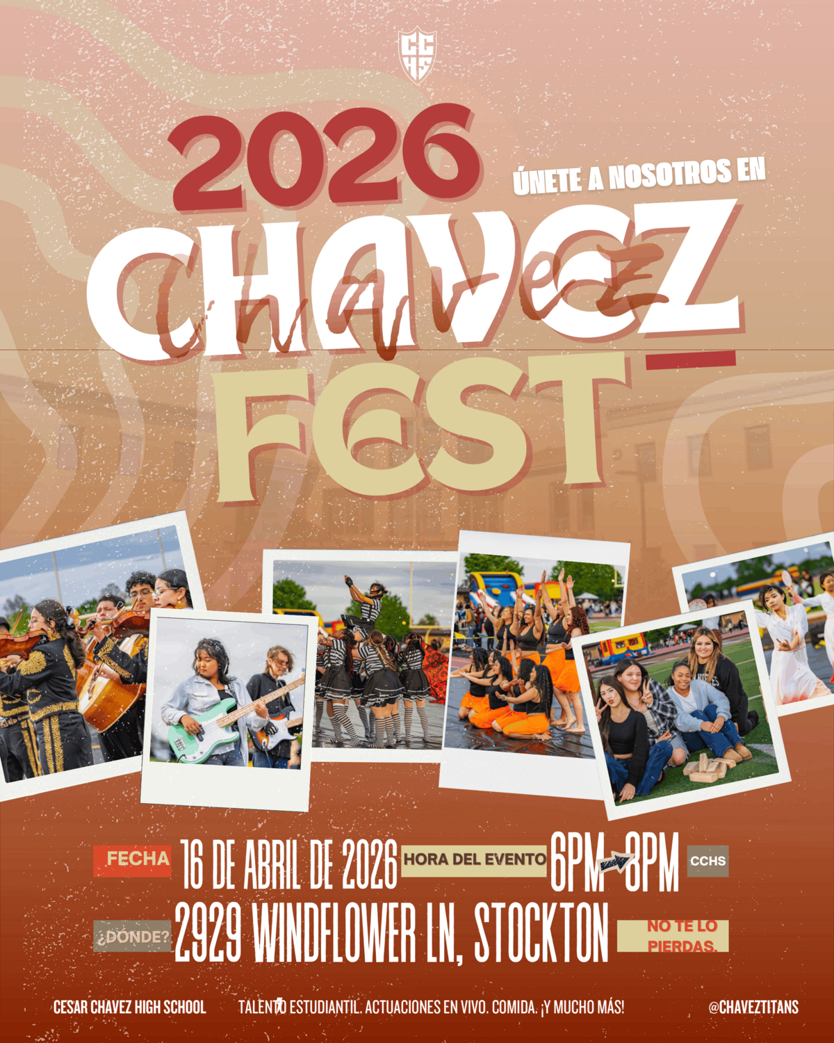 Poster for "Chavez Fest 2026" at Cesar Chavez High School, featuring photos of student performances and activities.