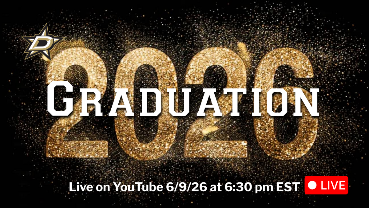 A graphic displays 'GRADUATION 2026' in large, glittering gold numbers on a black background with sparkling confetti.
