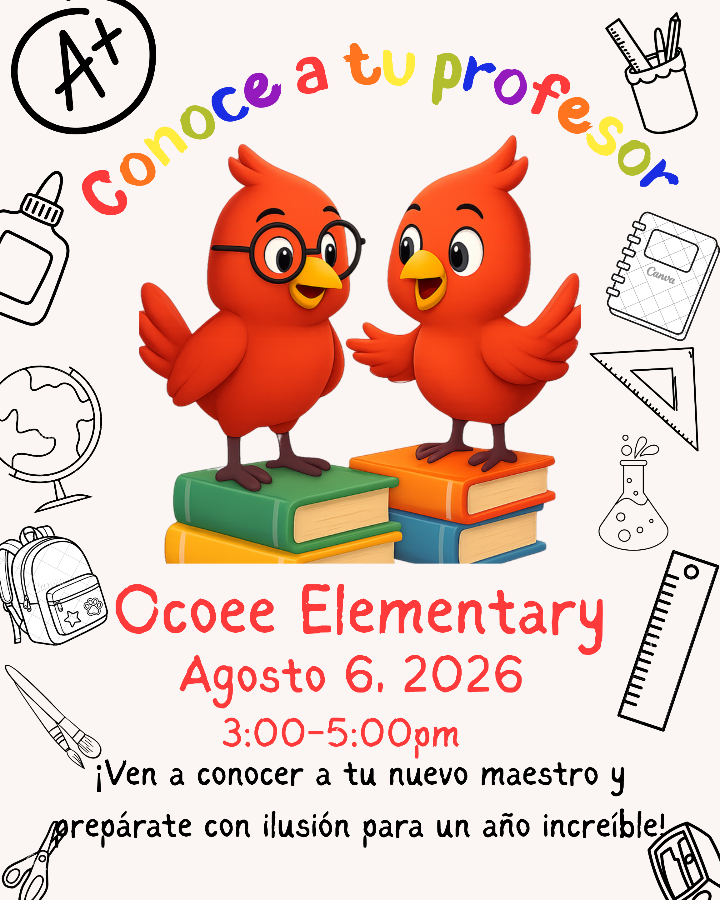 Two cartoon birds stand on stacks of books, surrounded by school supplies and text that reads 'Conoce a tu profesor'.