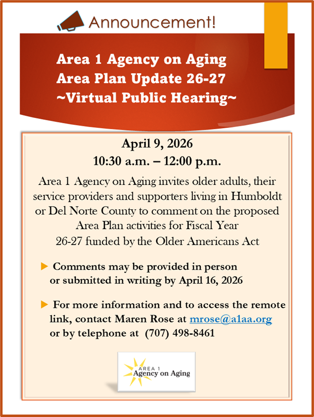 Announcement for a virtual public hearing by Area 1 Agency on Aging on April 9, 2026.