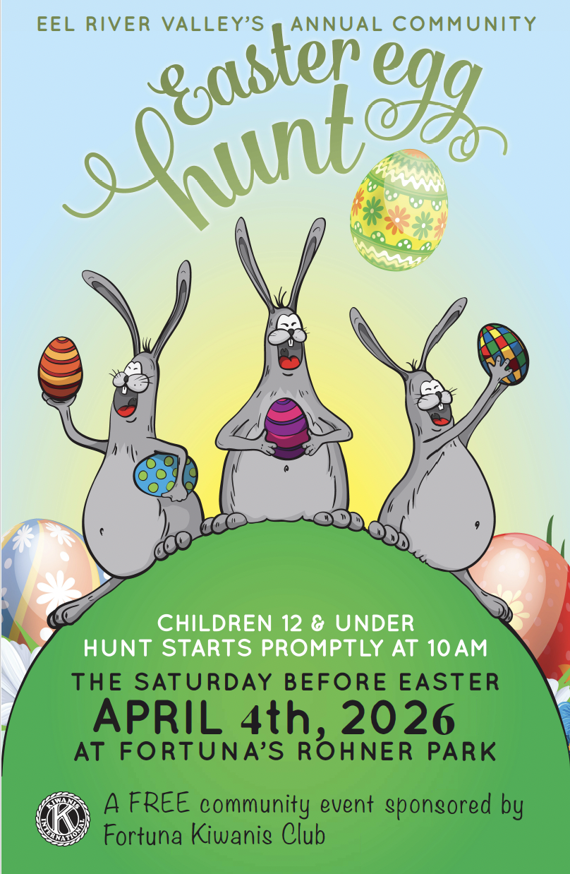 Poster for Eel River Valley's Annual Community Easter Egg Hunt featuring cartoon rabbits and decorated eggs.