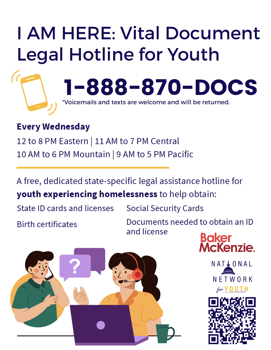 I AM HERE: Vital Document Legal Hotline for Youth offers assistance every Wednesday.
