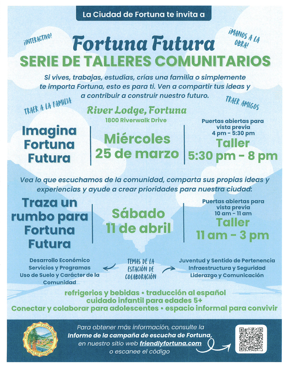 Poster for 'Fortuna Futura' community workshops hosted by the City of Fortuna.